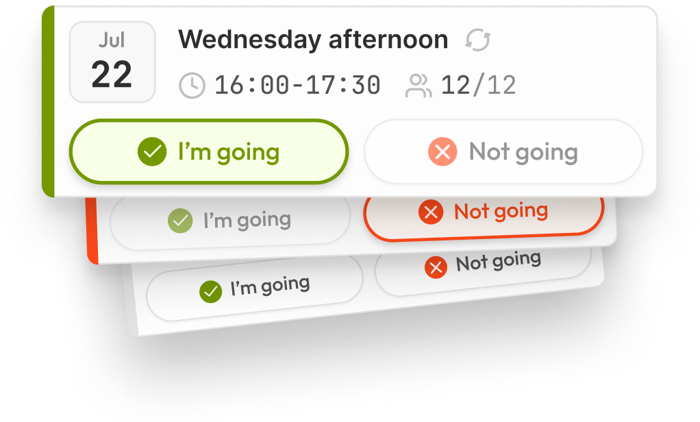 Sample game cards showing attendance RSVPs